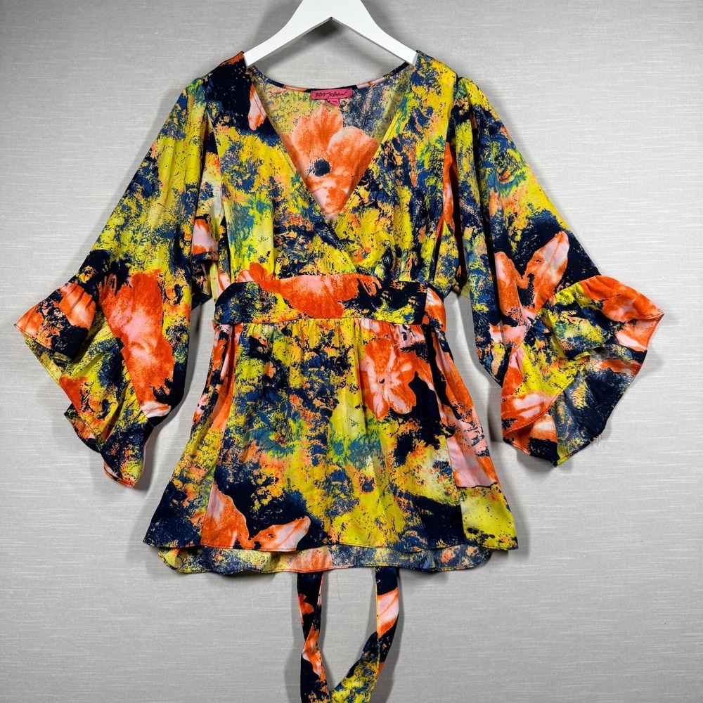 Betsey Johnson Top Womens Medium‎ Mini Flowy Tie Floral Faux Wrap Ruffle Boho